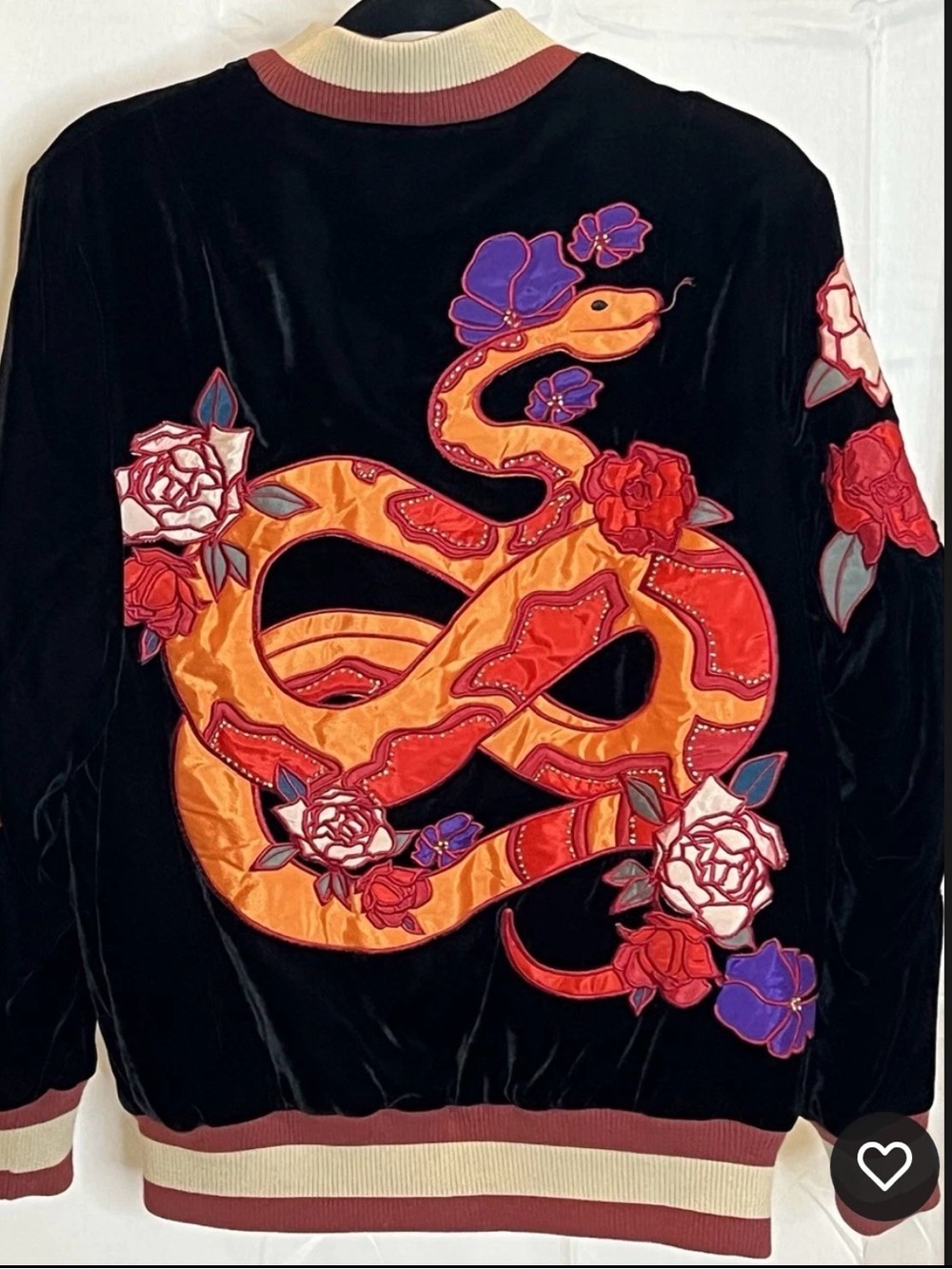 Ecote Black Velvet Bomber Jacket with Orange & Red Embroidered Snake